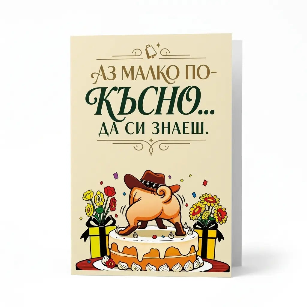Забавна и щура картичка за рожден ден "Аз малко по-късно"- за него / за нея