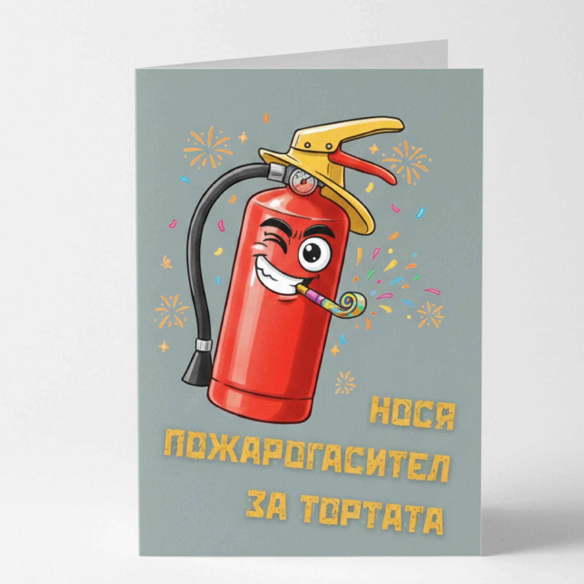 Сива забавна картичка за рожден ден с илюстрация на усмихнат червен пожарогасител с парти свирка, конфети и жълт надпис Нося пожарогасител за тортата.