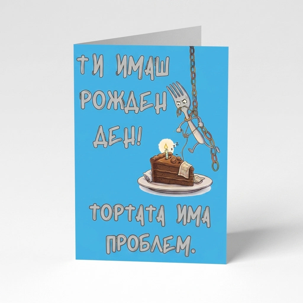 Светлосиня поздравителна картичка за рожден ден с забавна илюстрация. В горната част текстът на български гласи: 'Ти имаш рожден ден!'. Централно е показано парче шоколадова торта на чинийка, което спи в легло с възглавница, завивка и запалена свещ над него. Вдясно виси вилица, обвързана с верига и изглеждаща стресирана и ядосана. В долната част на картичката текстът продължава: 'Тортата има проблем.' Картичката е в леко отворено положение на бял фон