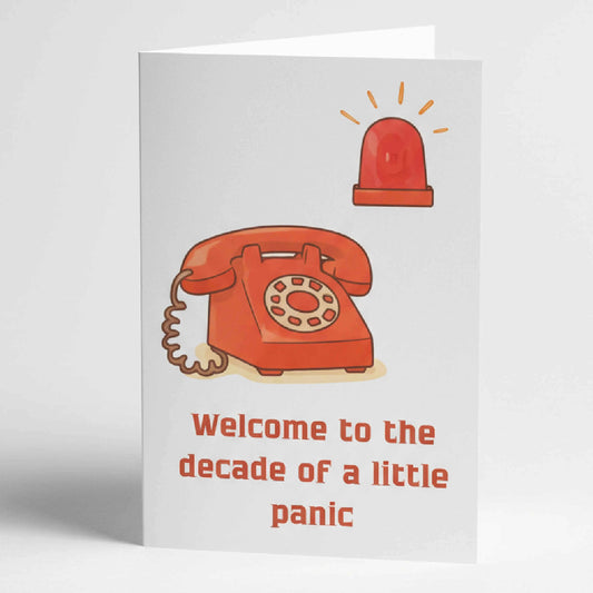 Забавна юбилейна картичка на английски с надпис Decade of panic, минималистичен дизайн в черно и бяло, идеален подарък за 30-ти, 40-ти или 50-ти рожден ден.