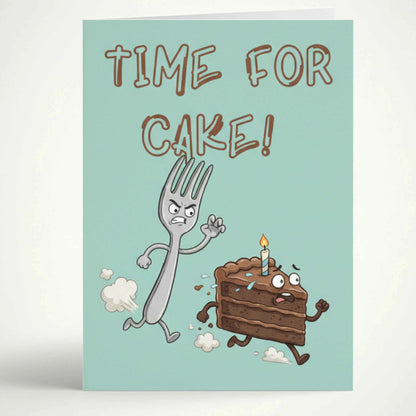 Светлосиня забавна картичка за рожден ден на английски език с илюстрация на вилица, преследваща парче шоколадова торта със свещичка, и надпис Time for cake!