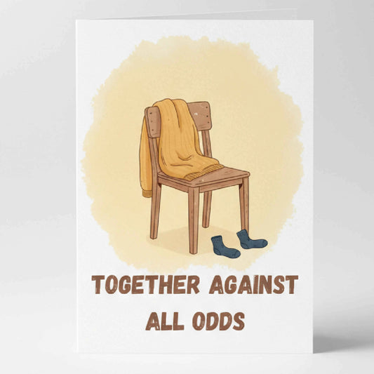 Забавна илюстрация за двойки с надпис на английски Together against all odds, минималистичен дизайн, описващ хумора в съвместния живот, идеален за годишнина или нов дом.
